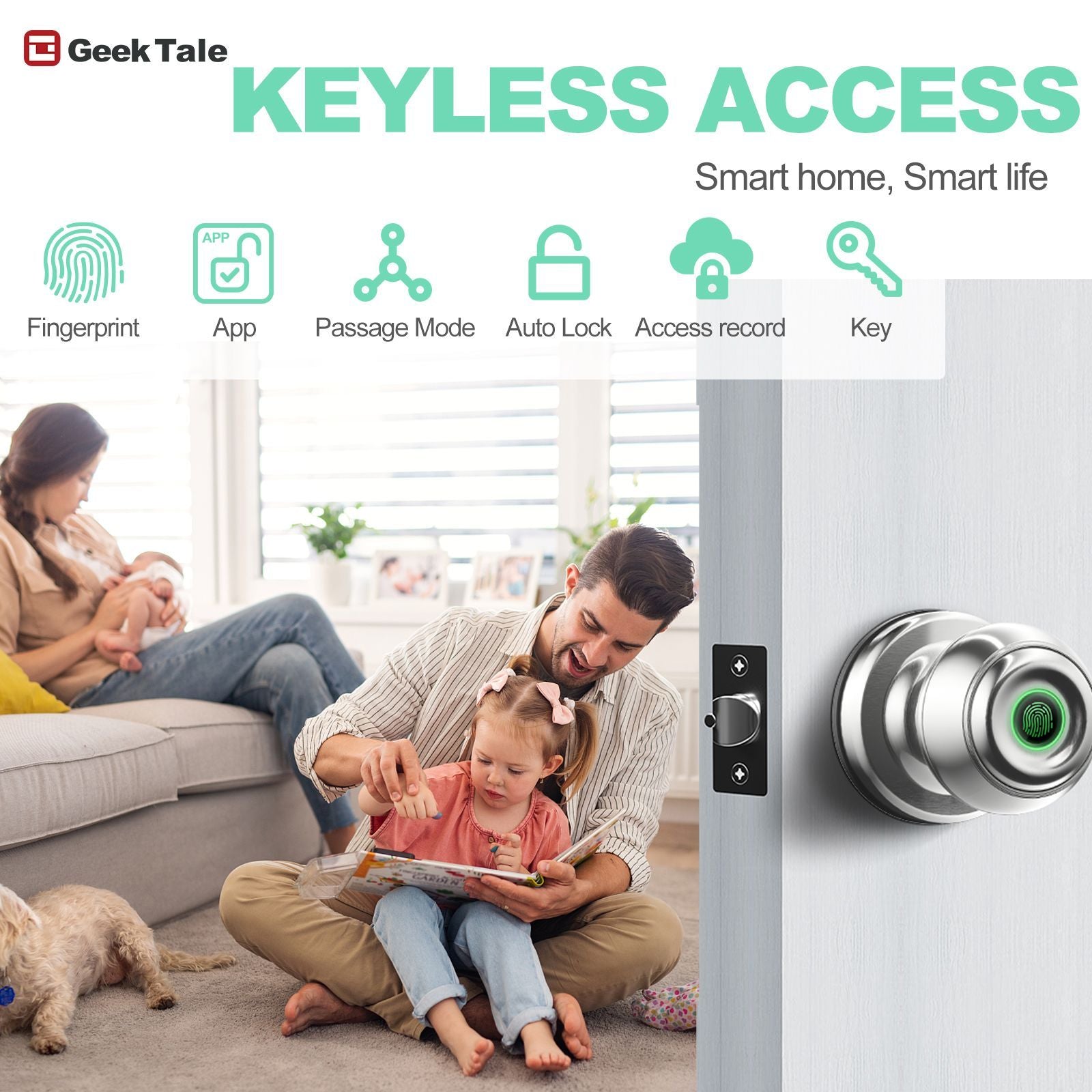 GeekTale Smart Door knob. Fingerprint Door Lock Smart Lock Biometric Door Lock Fingerprint Door knob with App Control. Great for Bedrooms.Cloakroom.Apartments Offices.Hotels. Satin Nickel