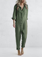 Button Up Casual Lapel Pocket Long Sleeve Jumpsuit