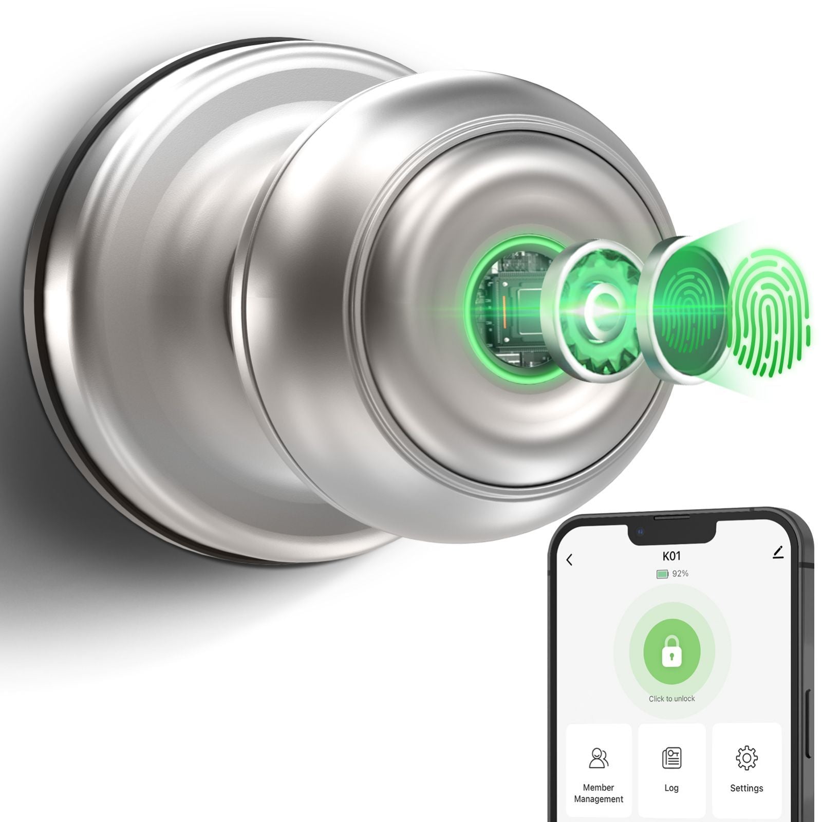 GeekTale Smart Door knob. Fingerprint Door Lock Smart Lock Biometric Door Lock Fingerprint Door knob with App Control. Great for Bedrooms.Cloakroom.Apartments Offices.Hotels. Satin Nickel