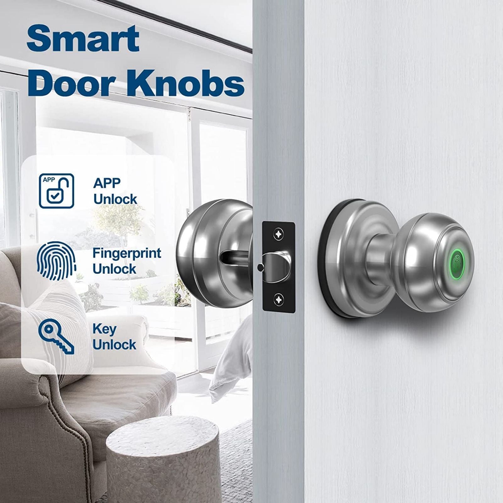 GeekTale Smart Door knob. Fingerprint Door Lock Smart Lock Biometric Door Lock Fingerprint Door knob with App Control. Great for Bedrooms.Cloakroom.Apartments Offices.Hotels. Satin Nickel