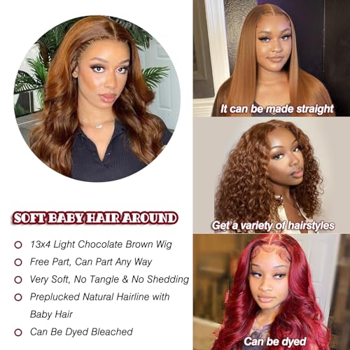 Light Chocolate Brown Lace Front Wig Human Hair. 4# Chestnut Brown Body Wave 13x4 Lace Front Wigs Human Hair Pre Plucked Wigs Human Hair for Women.Colored Human Hair Lace Front Wig 24inch