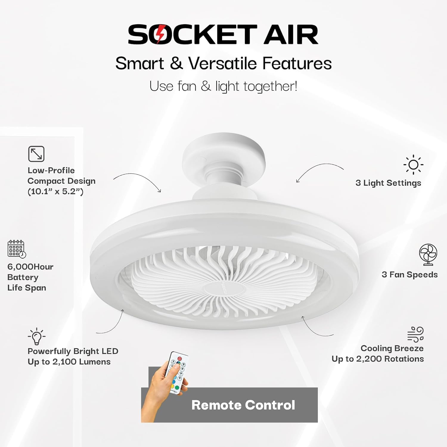 Bell+Howell Socket Air Wireless Ceiling Fan with Remote Control. 2100 Lumens.3 Fan Speed. 3 Light Settings. 6000 Hours Battery Life Span for Living. Dining. Working Space ASON TV (Deluxe)