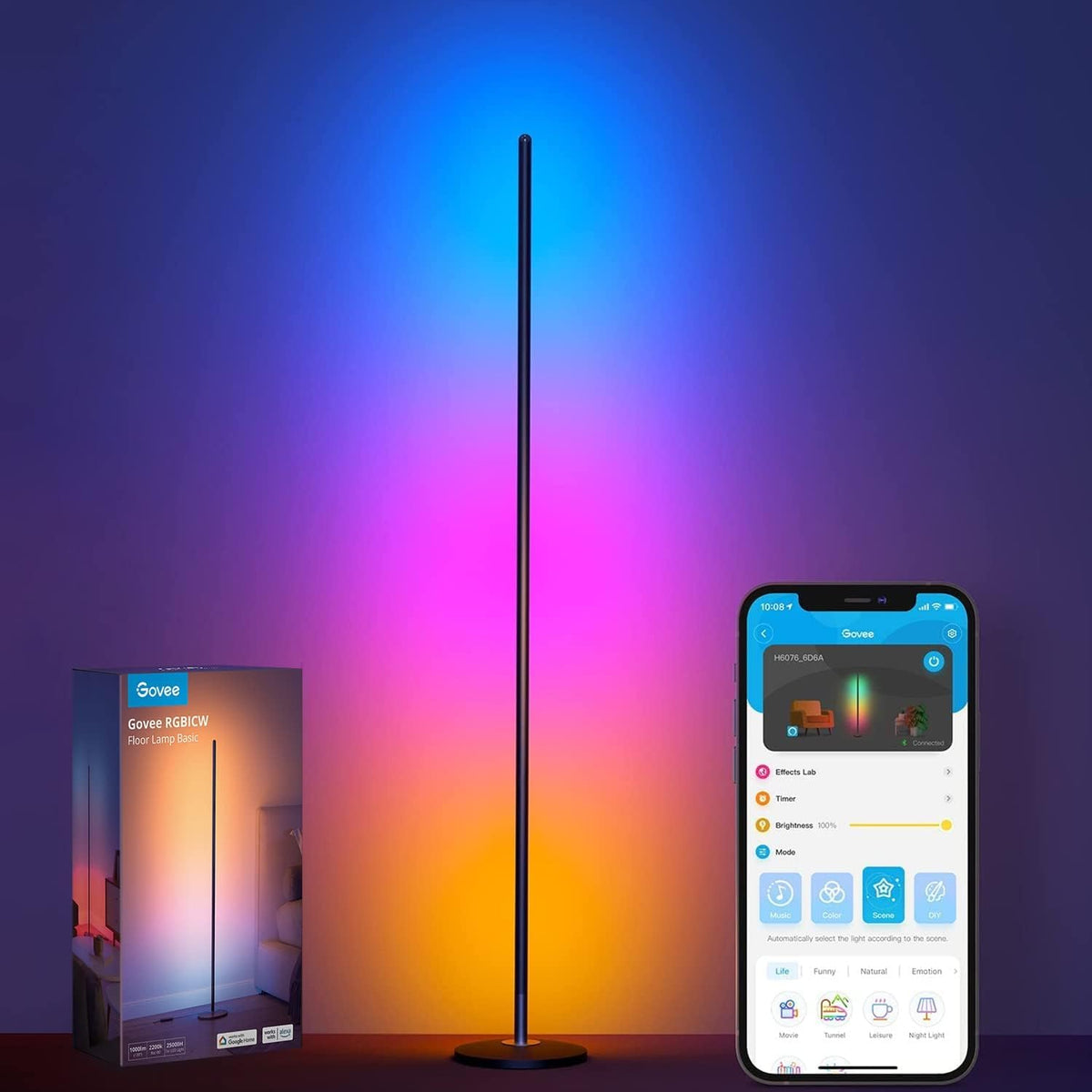 Govee RGBIC Floor Lamp. LED Corner Lamp Works with Alexa. Smart Modern Floor Lamp with Music Sync and 16 Million DIY Colors. Color Changing Standing Floor Lamp for Bedroom Living Room Black