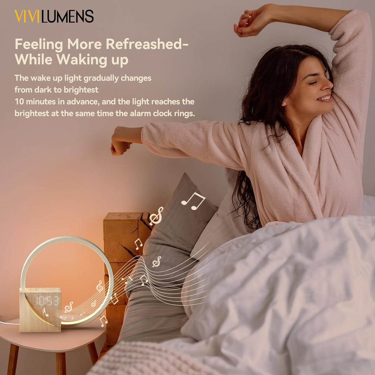 Vivilumens Sunrise Alarm Clock for Heavy Sleepers Adults. Wake-up Light. Sleep Aid 10 White Noise Sound Machines with 30/60/90 Timer. 3 Level Dimmable Touch Table Lamp with Snooze USB Charger Port