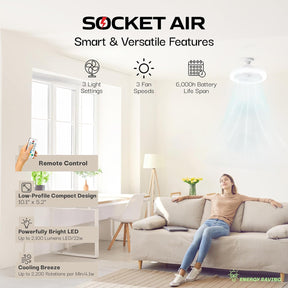 Bell+Howell Socket Air Wireless Ceiling Fan with Remote Control. 2100 Lumens.3 Fan Speed. 3 Light Settings. 6000 Hours Battery Life Span for Living. Dining. Working Space ASON TV (Deluxe)