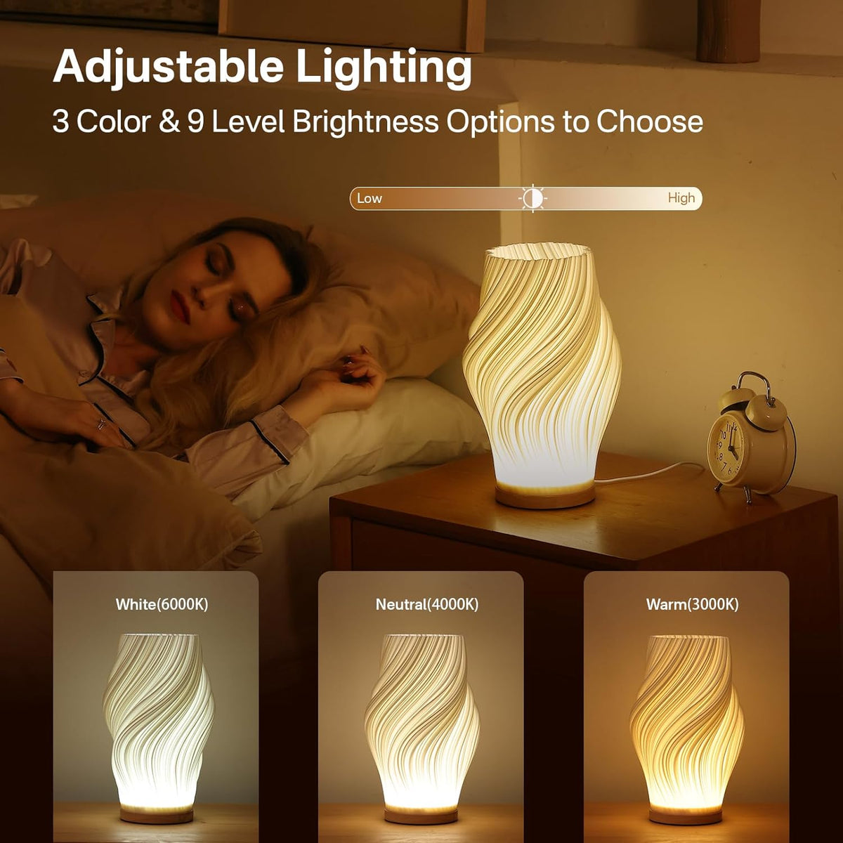 Bedside Lamp with Woodbase - Button Control Table Lamp for Bedroom 12 Way Dimmable Nightstand Lamp with PLA Lampshade for Living Room. Kids Room. College Dorm. Office (white-D. Large)