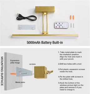 FUNCHDAY Wireless Picture Light.5000mAh Battery Operated Picture Light with Remote. Art Light with Timer.16 Full Metal Picture Frame Light for Paintings. Gallery.Wall (Brass)