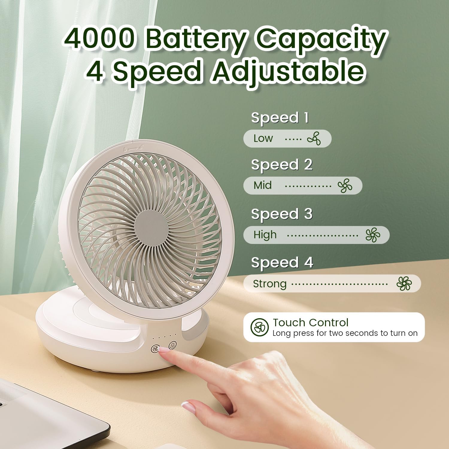 EDON Table Fan. Rechargeable Battery Operated Desk Fan with Auto Oscillation 90 Foldable Ultra Quiet 4 Speeds Light. Portable Air Circulator Fan with Hook. Wall Fan for Bedroom Home Desktop