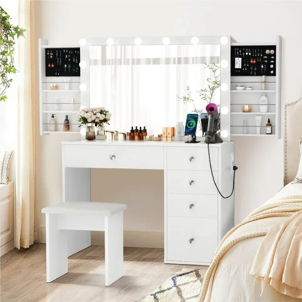 SMOOL Makeup Vanity Desk with Lighted Mirror & Power Outlet 5 Drawers