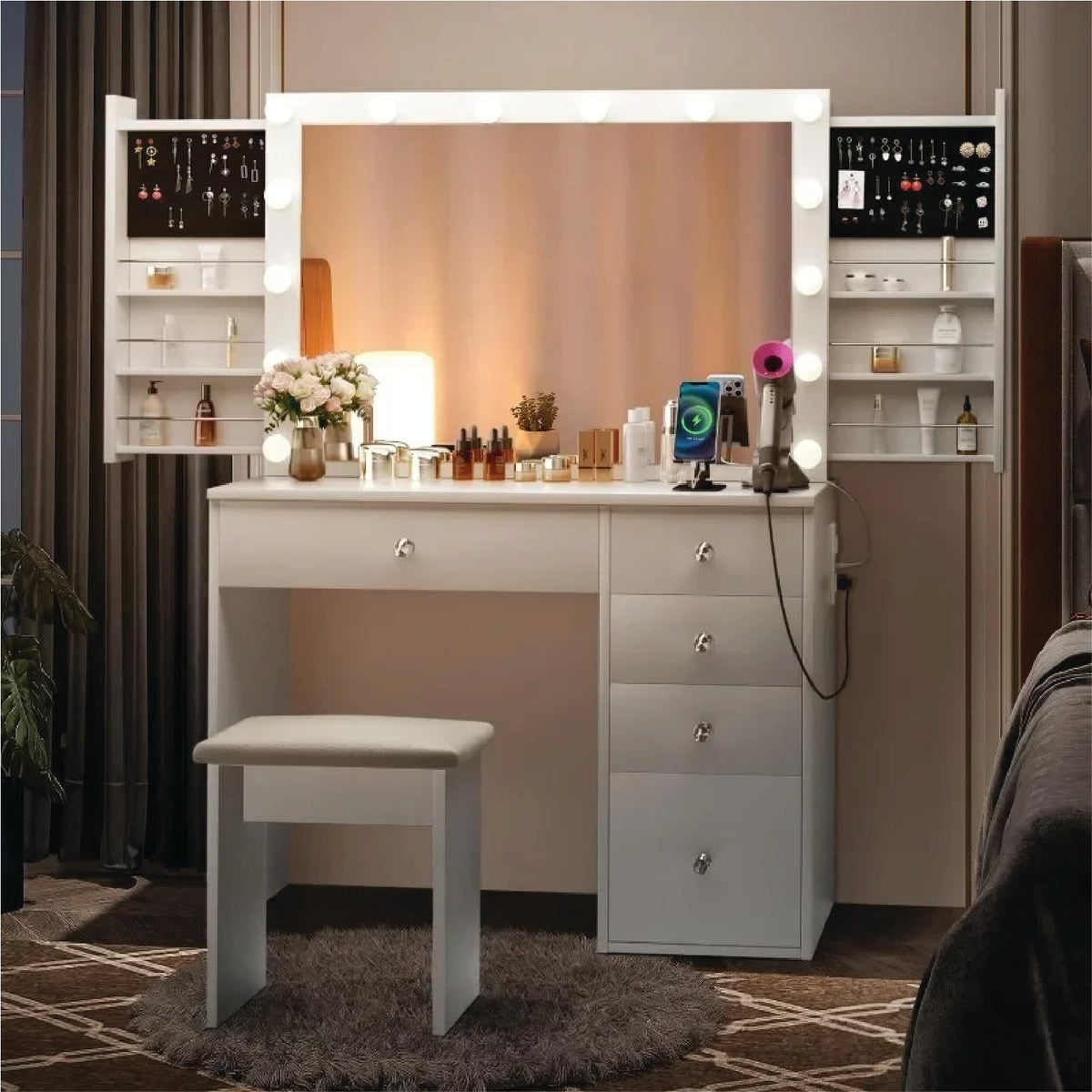 SMOOL Makeup Vanity Desk with Lighted Mirror & Power Outlet 5 Drawers