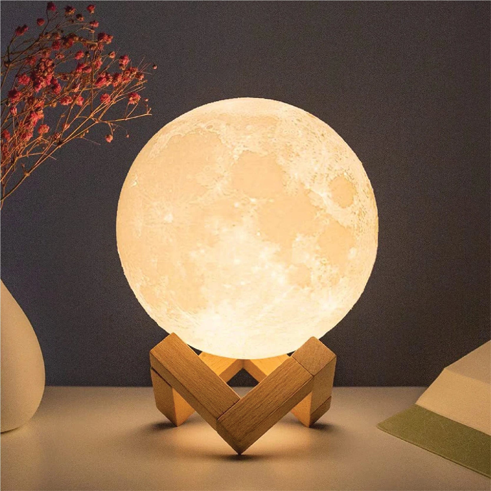 8cm Moon Lamp LED Night Light Battery Powered With Stand Starry Lamp