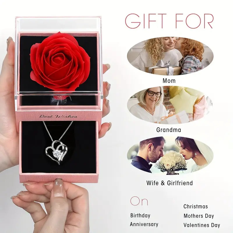Red Rose Love Heart Necklace With Gift Card And Gift Box