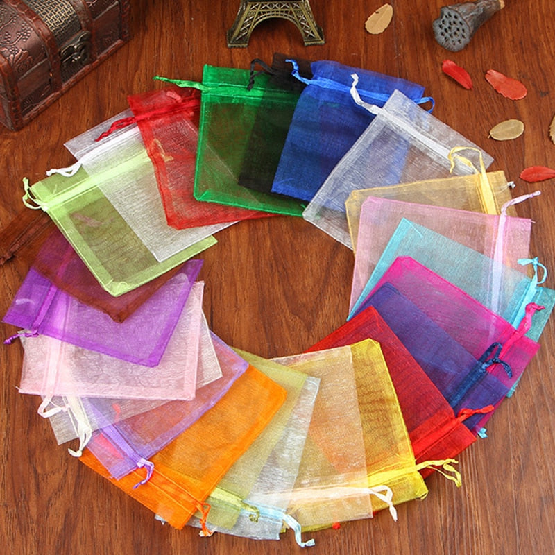 100pcs Drawstring  Jewelry Bag Pouch Organza Jewelry Packaging Bags Wedding Party Decoration Drawable Storage Bags Gift Pouches