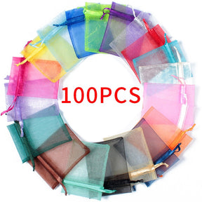 100pcs Drawstring  Jewelry Bag Pouch Organza Jewelry Packaging Bags Wedding Party Decoration Drawable Storage Bags Gift Pouches