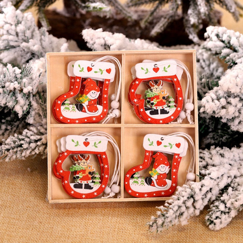 12/9Pcs Christmas Wooden Pendant Snowflake Xmas Tree Hanging Ornaments Christmas Decorations for Home Navidad Gift New Year 2023