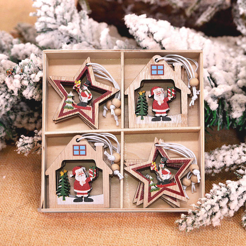 12/9Pcs Christmas Wooden Pendant Snowflake Xmas Tree Hanging Ornaments Christmas Decorations for Home Navidad Gift New Year 2023