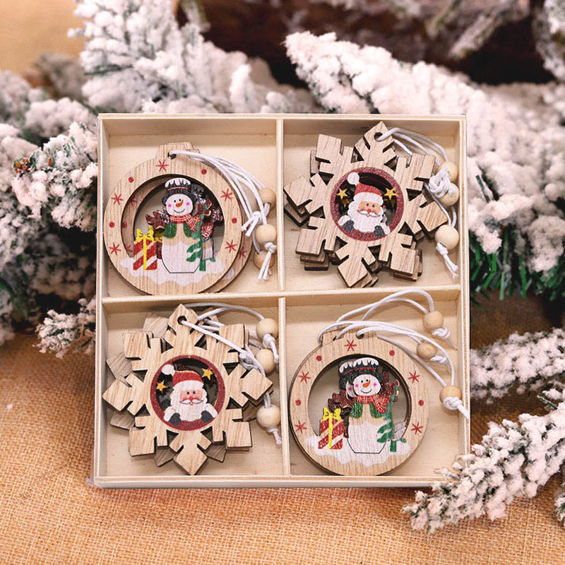 12/9Pcs Christmas Wooden Pendant Snowflake Xmas Tree Hanging Ornaments Christmas Decorations for Home Navidad Gift New Year 2023