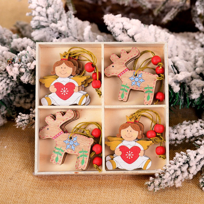 12/9Pcs Christmas Wooden Pendant Snowflake Xmas Tree Hanging Ornaments Christmas Decorations for Home Navidad Gift New Year 2023