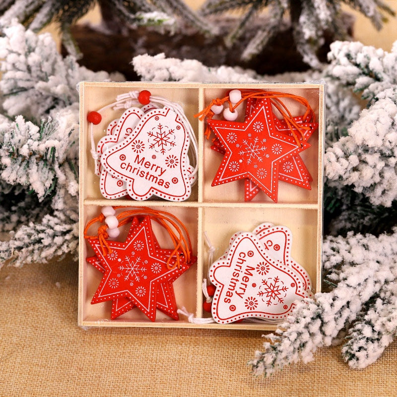 12/9Pcs Christmas Wooden Pendant Snowflake Xmas Tree Hanging Ornaments Christmas Decorations for Home Navidad Gift New Year 2023