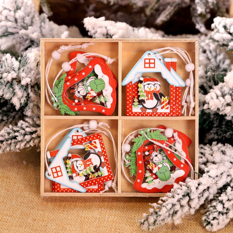 12/9Pcs Christmas Wooden Pendant Snowflake Xmas Tree Hanging Ornaments Christmas Decorations for Home Navidad Gift New Year 2023