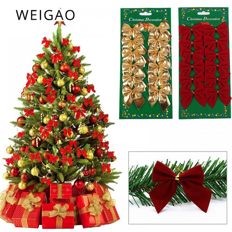 12pcs Christmas Bows Christmas Hanging Decorations Gold Red Bowknot Christmas Tree Ornaments New Year 2020 Navidad Kerst Decor