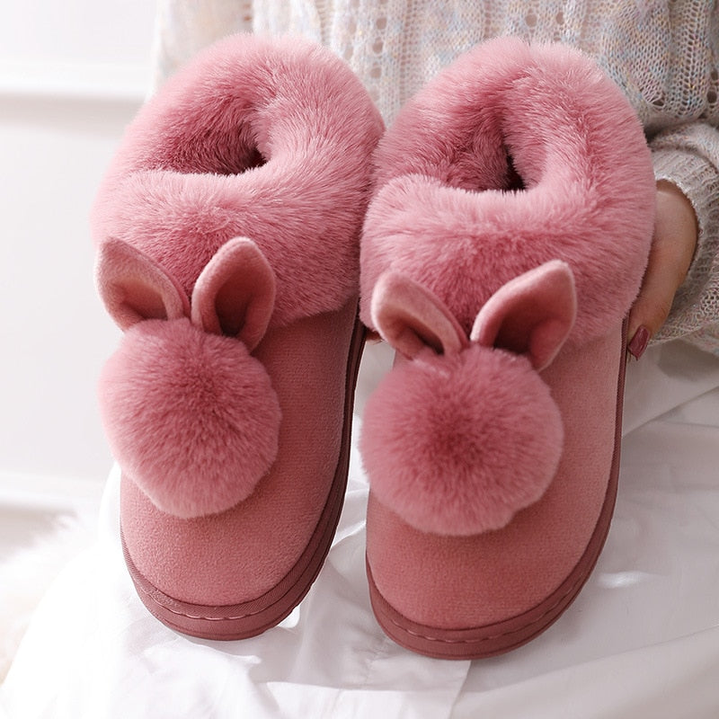 New Fashion Autumn Winter Cotton Slippers Rabbit Ear Home Indoor Slippers Winter Warm Shoes Womens Cute Plus Plush Slippers