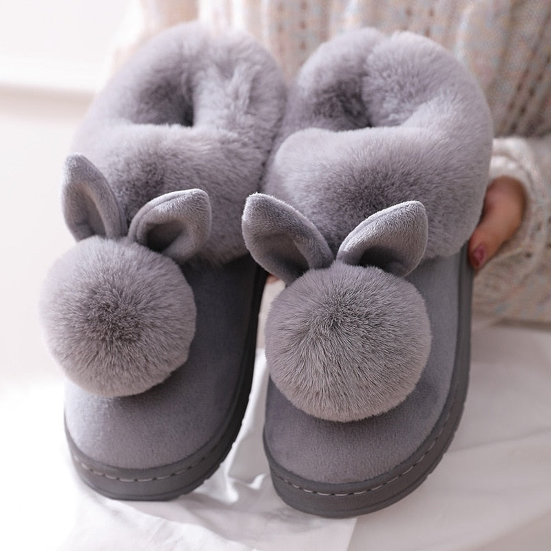 New Fashion Autumn Winter Cotton Slippers Rabbit Ear Home Indoor Slippers Winter Warm Shoes Womens Cute Plus Plush Slippers