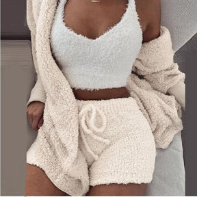 2022 New Autumn Winter Women's Velvet Pajamas Set Crop Top+Long Pants+Coat 3 Pieces Suit Warm Soft Fleece Homewear Pyjamas S-3XL