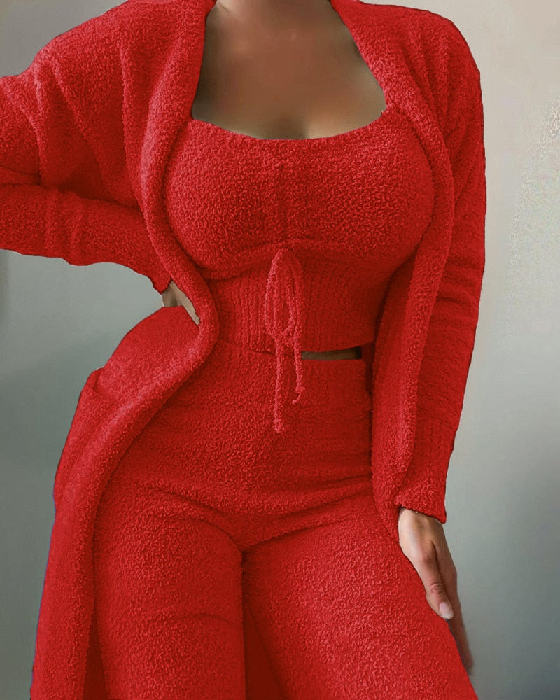 2022 New Autumn Winter Women's Velvet Pajamas Set Crop Top+Long Pants+Coat 3 Pieces Suit Warm Soft Fleece Homewear Pyjamas S-3XL