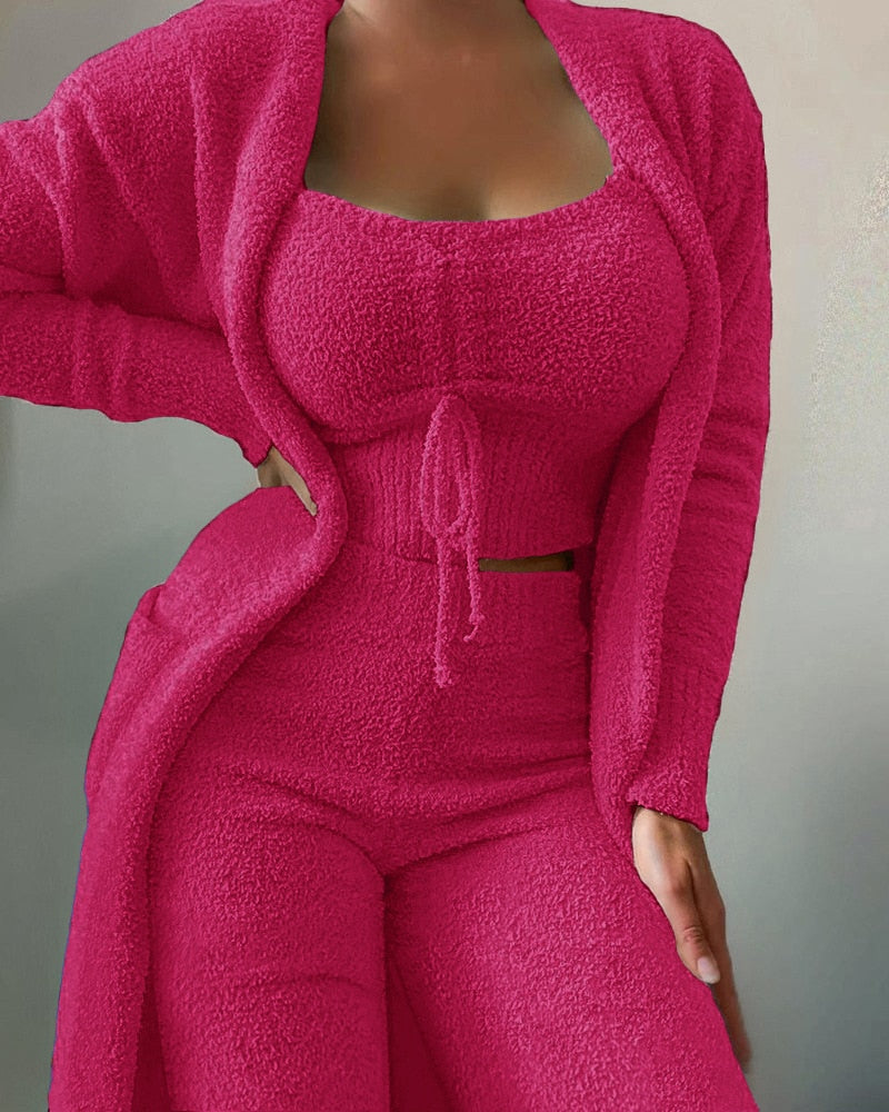 2022 New Autumn Winter Women's Velvet Pajamas Set Crop Top+Long Pants+Coat 3 Pieces Suit Warm Soft Fleece Homewear Pyjamas S-3XL