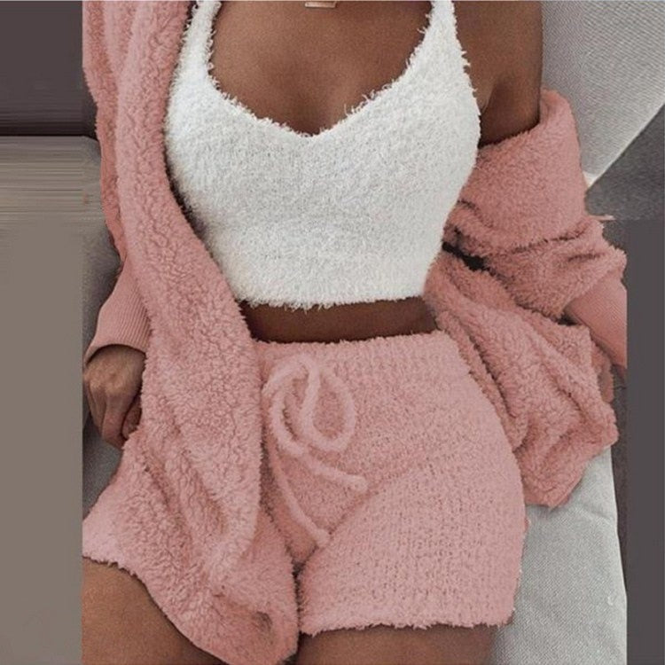 2022 New Autumn Winter Women's Velvet Pajamas Set Crop Top+Long Pants+Coat 3 Pieces Suit Warm Soft Fleece Homewear Pyjamas S-3XL