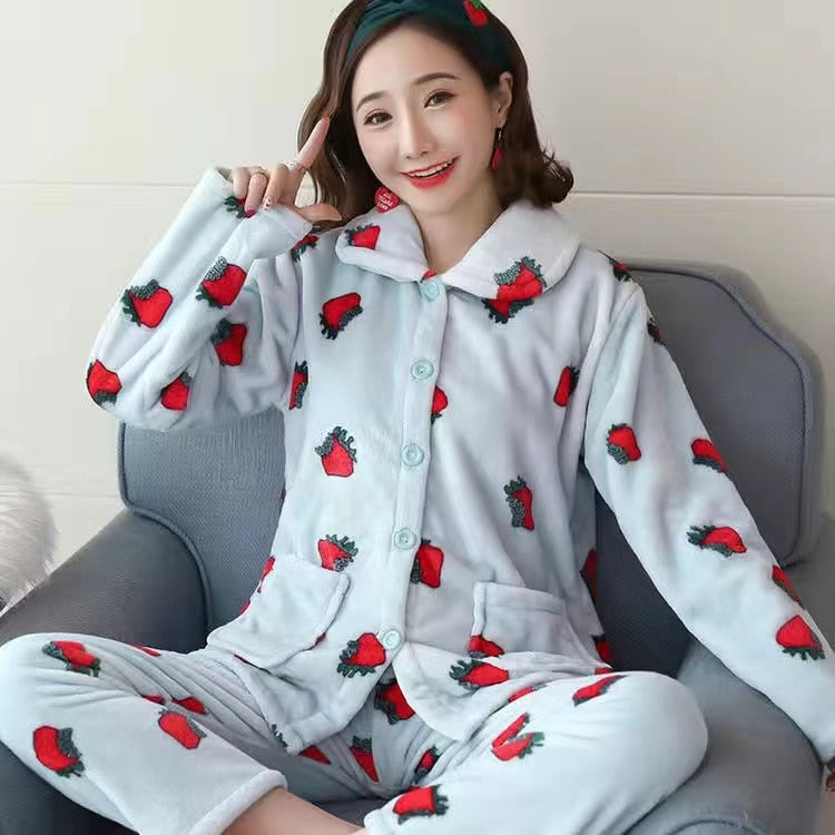 2022 New Pajamas Set Women Winter Coral Velvet Pyjamas Sets Sweet Cute Flannel Long Sleeve Female Homewear Nightwear