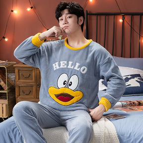 Winter Long Sleeve Thick Warm Flannel Pajama Sets for Men Coral Velvet Cute Cartoon Sleepwear Suit Pyjamas Homewear Clothes