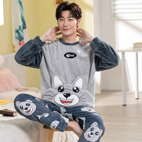 Winter Long Sleeve Thick Warm Flannel Pajama Sets for Men Coral Velvet Cute Cartoon Sleepwear Suit Pyjamas Homewear Clothes