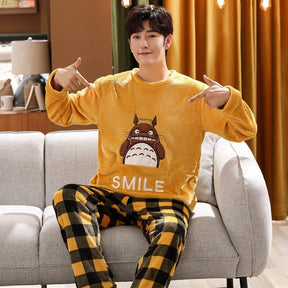 Winter Long Sleeve Thick Warm Flannel Pajama Sets for Men Coral Velvet Cute Cartoon Sleepwear Suit Pyjamas Homewear Clothes