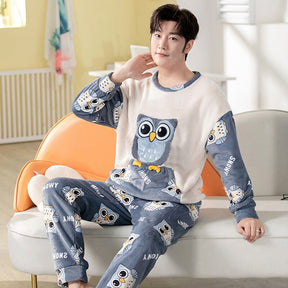 Winter Long Sleeve Thick Warm Flannel Pajama Sets for Men Coral Velvet Cute Cartoon Sleepwear Suit Pyjamas Homewear Clothes
