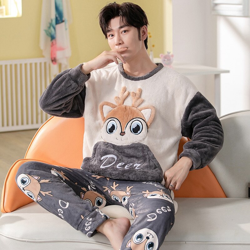 Winter Long Sleeve Thick Warm Flannel Pajama Sets for Men Coral Velvet Cute Cartoon Sleepwear Suit Pyjamas Homewear Clothes