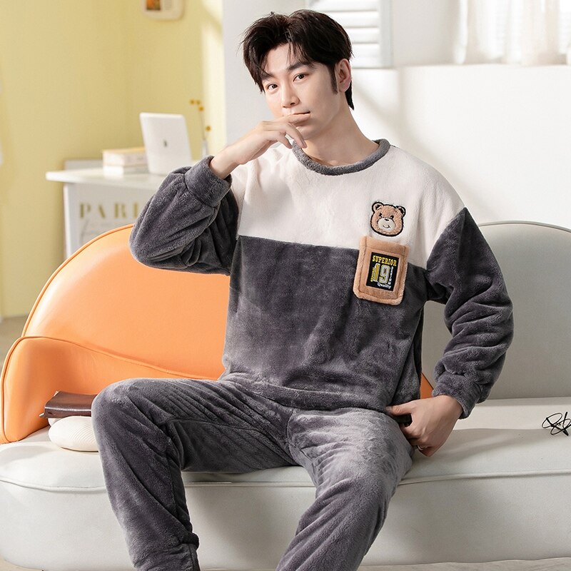 Winter Long Sleeve Thick Warm Flannel Pajama Sets for Men Coral Velvet Cute Cartoon Sleepwear Suit Pyjamas Homewear Clothes