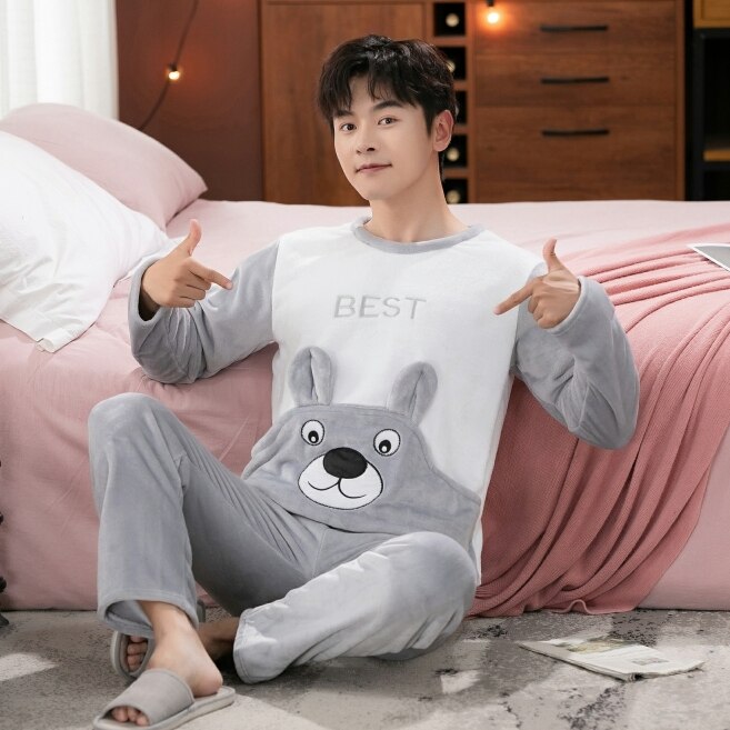 Winter Long Sleeve Thick Warm Flannel Pajama Sets for Men Coral Velvet Cute Cartoon Sleepwear Suit Pyjamas Homewear Clothes