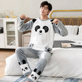 Winter Long Sleeve Thick Warm Flannel Pajama Sets for Men Coral Velvet Cute Cartoon Sleepwear Suit Pyjamas Homewear Clothes