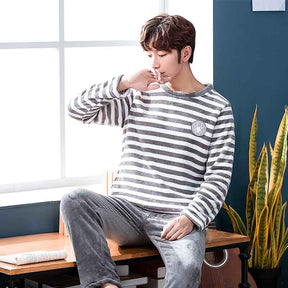 Winter Long Sleeve Thick Warm Flannel Pajama Sets for Men Coral Velvet Cute Cartoon Sleepwear Suit Pyjamas Homewear Clothes