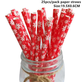 25pcs Christmas Paper Straws Snowflake Drinking Straw Merry Christmas Decorations for Home 2023 Xmas New Year Party Supplies