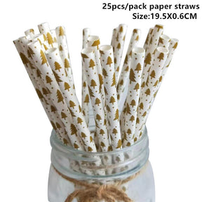 25pcs Christmas Paper Straws Snowflake Drinking Straw Merry Christmas Decorations for Home 2023 Xmas New Year Party Supplies