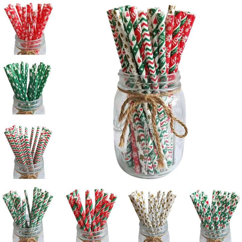 25pcs Christmas Paper Straws Snowflake Drinking Straw Merry Christmas Decorations for Home 2023 Xmas New Year Party Supplies