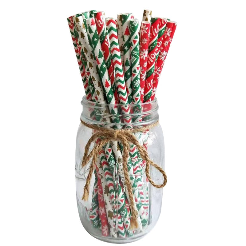 25pcs Christmas Paper Straws Snowflake Drinking Straw Merry Christmas Decorations for Home 2023 Xmas New Year Party Supplies