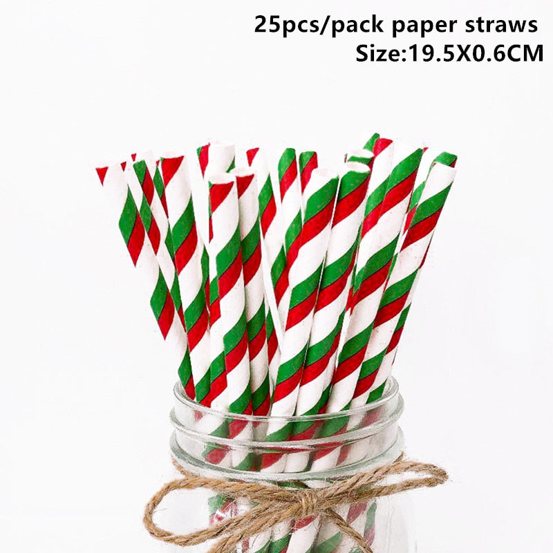 25pcs Christmas Paper Straws Snowflake Drinking Straw Merry Christmas Decorations for Home 2023 Xmas New Year Party Supplies