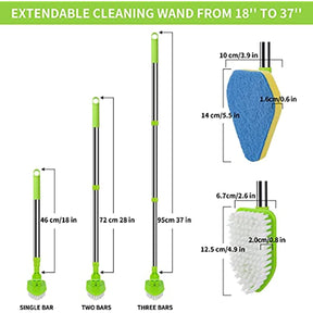 Scrub Cleaning Brush with Long Handle 35'' - Extendable Floor Scrubber with 1 Stiff Bristles & 3 Sponge Brush. Adjustable Lightweigh Detachable Kitchen Brush for Baseboard Shower Bathroom Bathtub Tile