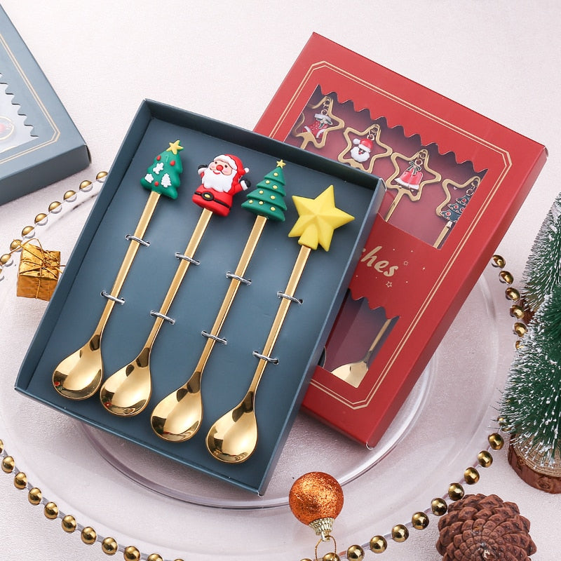 4PCS/2PCS Christmas Gift Cutlery Spoon Fork Set Elk Christmas Tree Decoration Dessert Spoon Fruit Fork Coffee Spoon Cutlery Gift