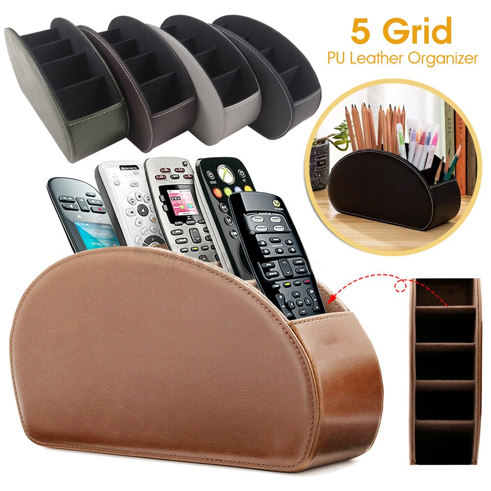 5 Grid Pu Leather Organizer Remote Control Phone And Tv Holder Desk Storage Box Cosmetics Brush Storage Holder