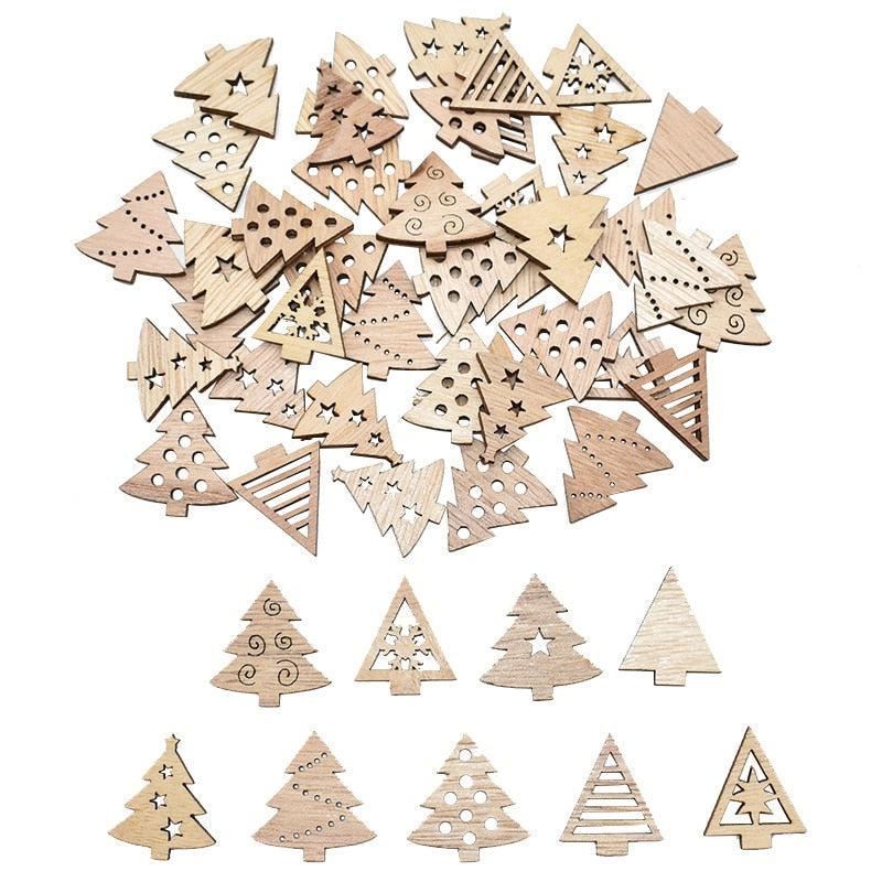 50Pcs Christmas Natural Wooden Chip Santa Claus Snowflake Christmas Tree Hanging Ornaments Pendant Navidad Decoration DIY Craft